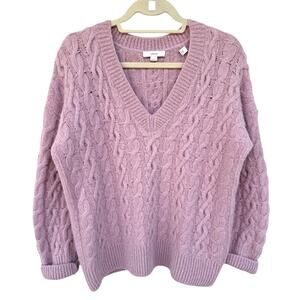 VINCE Alpaca Cable Knit V-Neck Sweater L Rose Lilac Pink SOFT msrp $395 Cozy